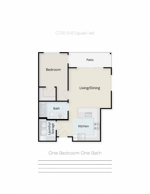 Floor plan for 1 bed, 1 bath, 648 sqft